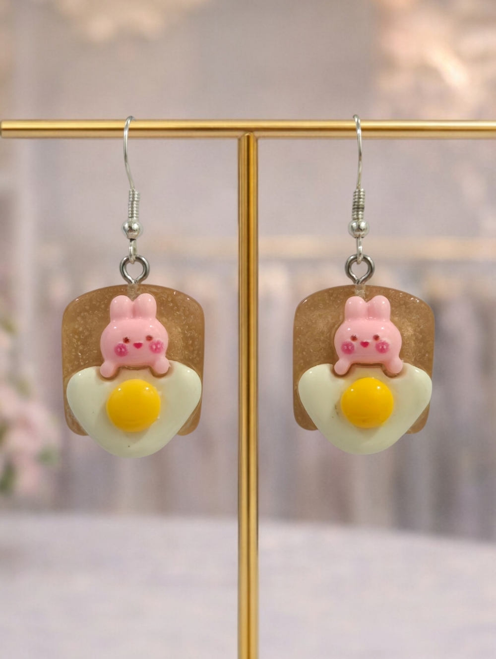 Handmade Bunny Sunny Side Toast Earrings | Kawaii Statement Y2K Jewelry - Picture 2 of 5